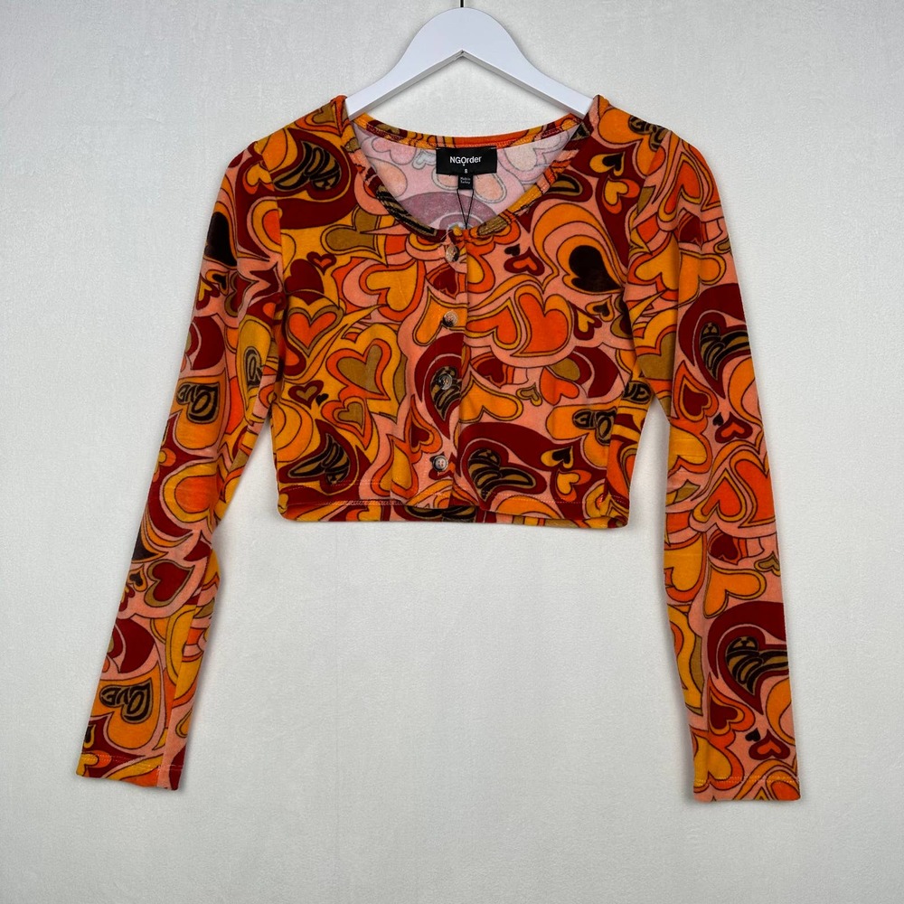 NWT NGOrder Urban Outfitters Women's Sz 8 Hearts Cropped Cardigan Top Velour‎